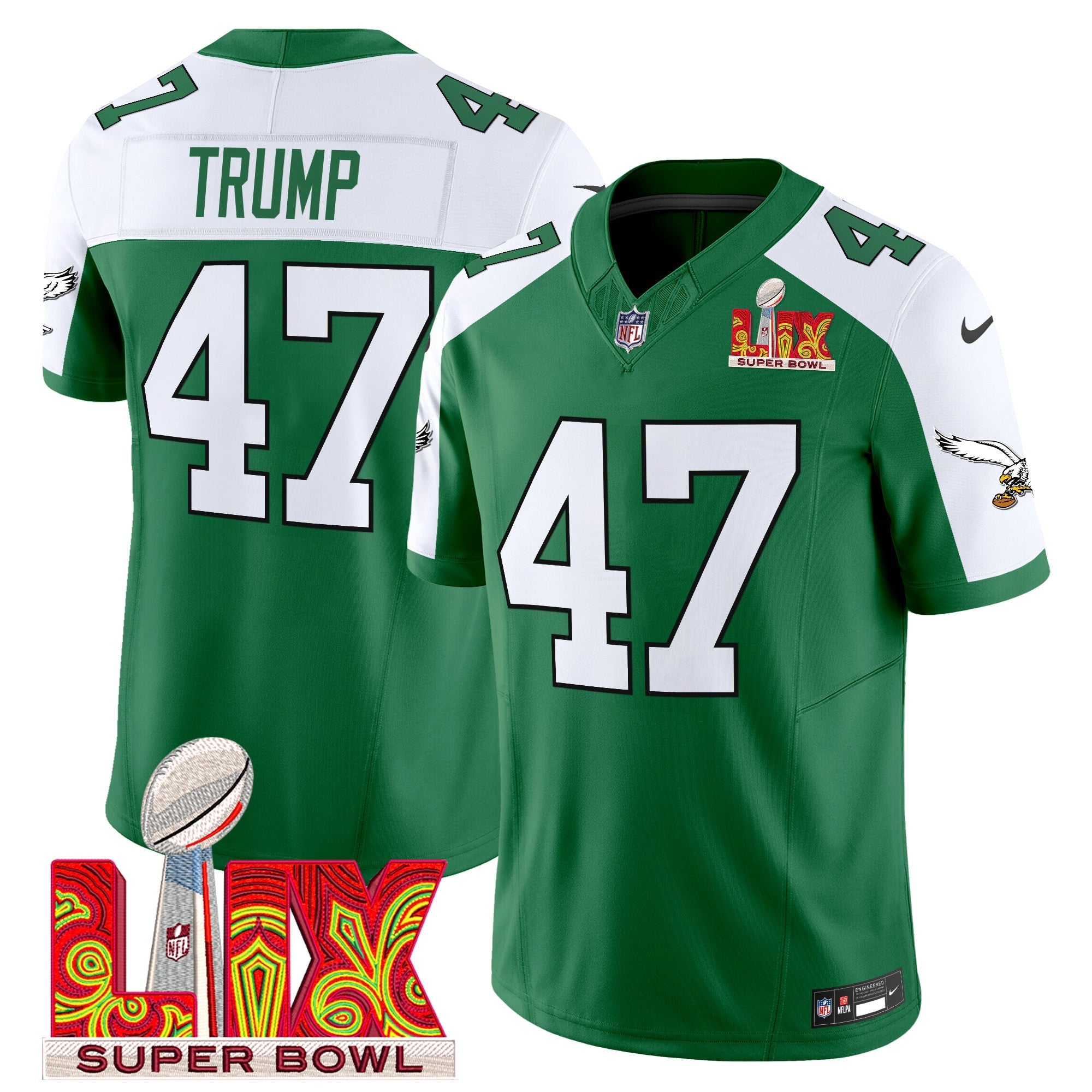 Philadelphia Eagles Kelly Green Super Bowl LIX Patch Vapor Limited Jersey – All Stitched – Kelly Alternate – Donald Trump Jersey
