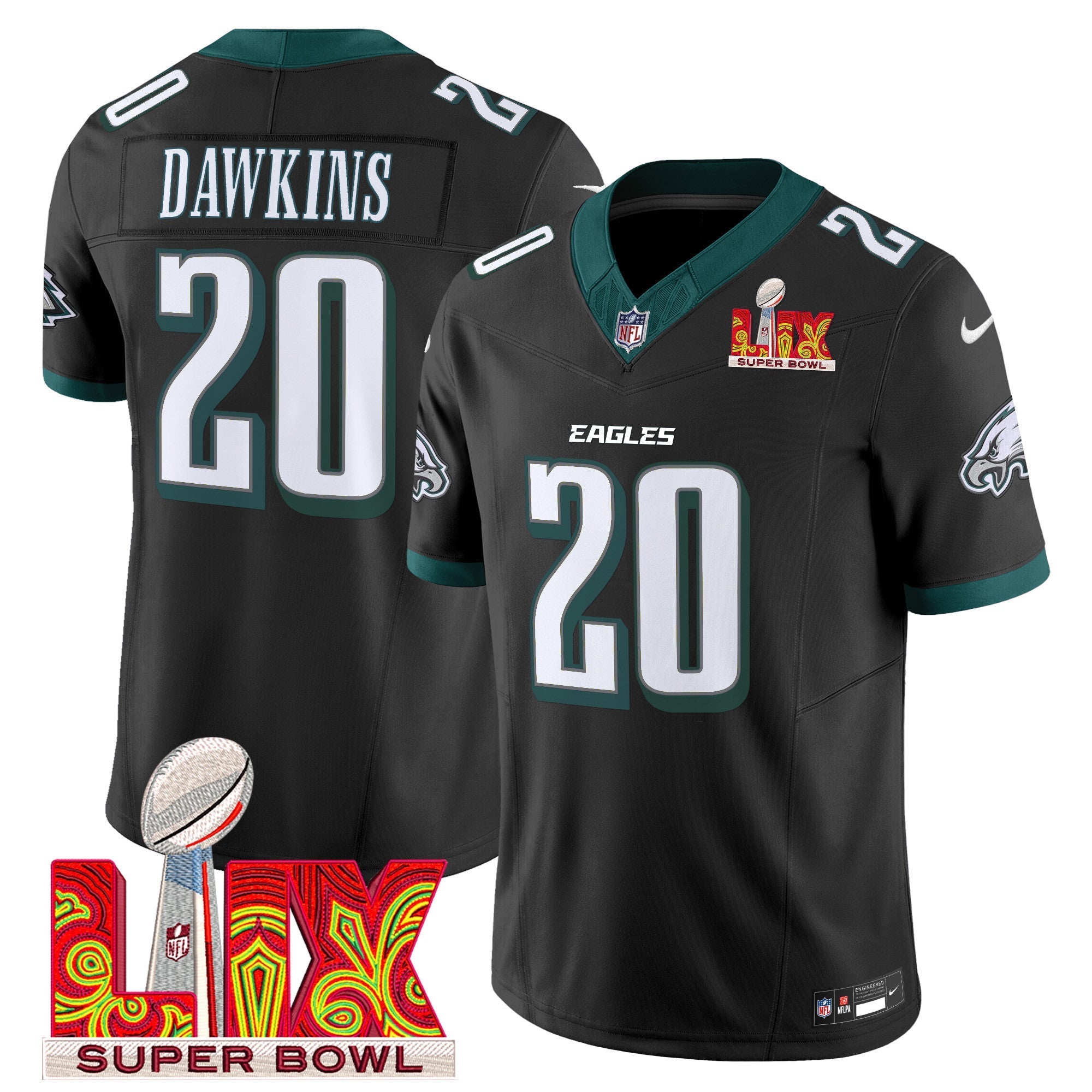 Philadelphia Eagles Super Bowl LIX Patch Vapor Limited Jersey – All Stitched – Black – Brian Dawkins Jersey