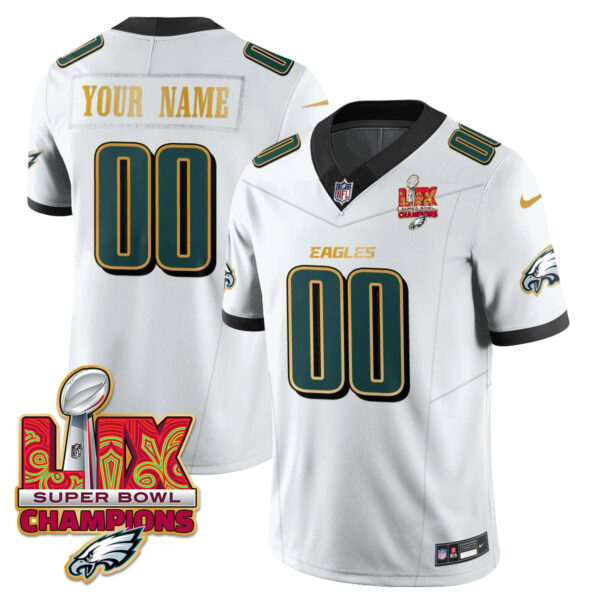 Custom Name/Gender Philadelphia Eagles Super Bowl LIX Champions Gold Trim Vapor Limited Jersey – All Stitched – White Jersey