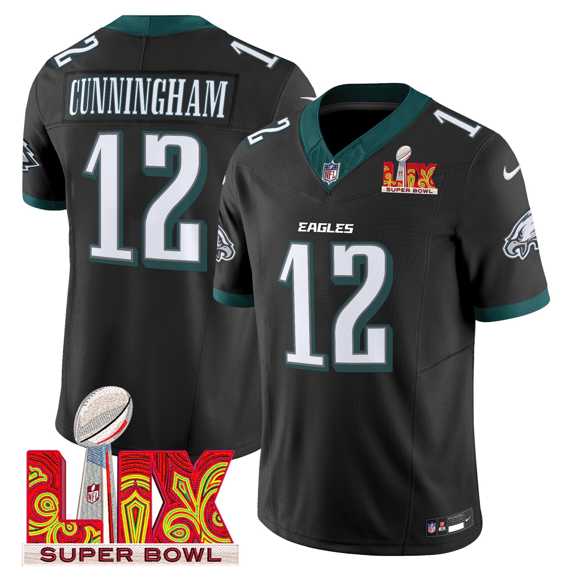 Philadelphia Eagles Super Bowl LIX Patch Vapor Limited Jersey – All Stitched – Black – Randall Cunningham Jersey