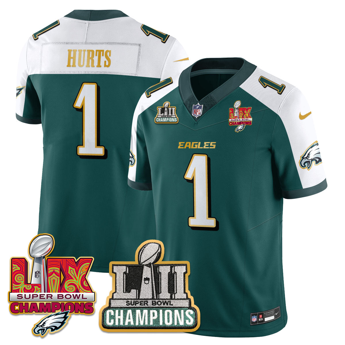 Philadelphia Eagles LII-LIX Super Bowl Champions Vapor Limited Gold Jersey – All Stitched – Green Alternate – Jalen Hurts Jersey