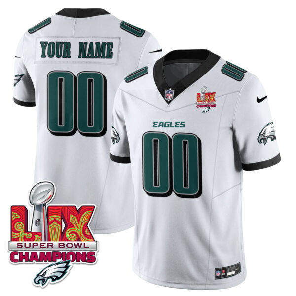 Custom Name/Gender Philadelphia Eagles Super Bowl LIX Champions Vapor Limited Jersey – All Stitched – White Jersey