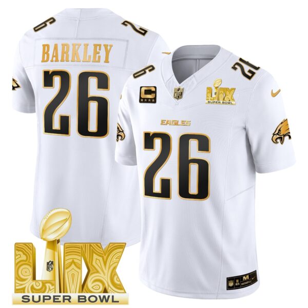 Philadelphia Eagles Super Bowl LIX Patch Gold Vapor Limited Jersey – All Stitched – White Gold – Saquon Barkley Jersey