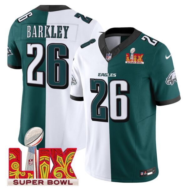 Philadelphia Eagles Super Bowl LIX Patch Vapor Limited Jersey – All Stitched – Split – Saquon Barkley Jersey
