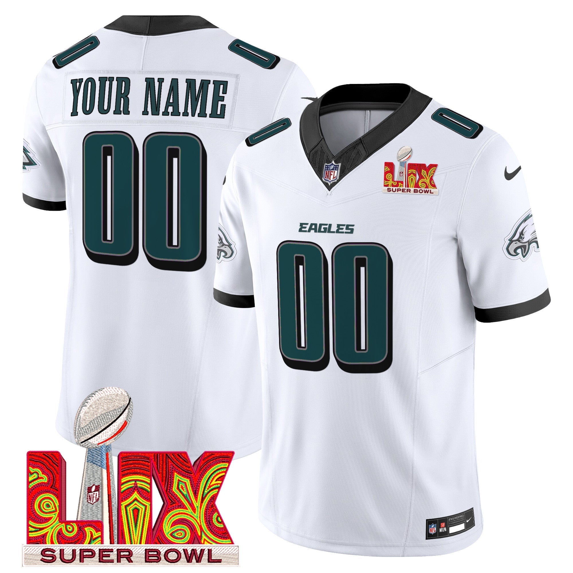 Philadelphia Eagles Super Bowl LIX Patch Vapor Limited Custom Jersey – All Stitched – White Jersey