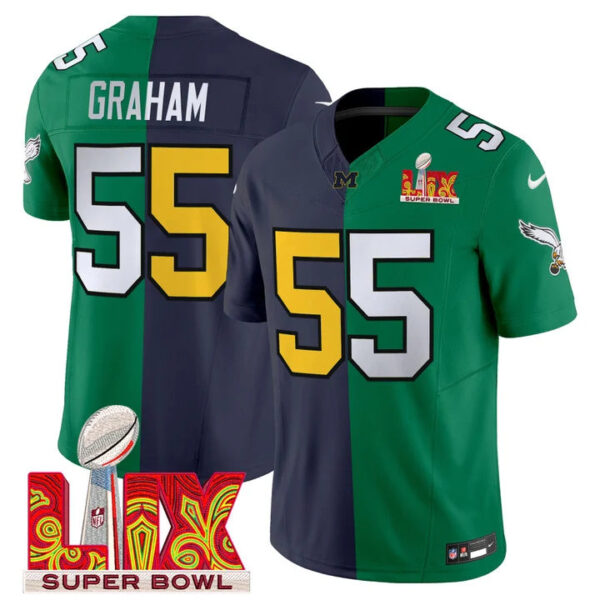 Split Philadelphia Eagles Super Bowl LIX & College Football Vapor Limited Jersey – All Stitched – Brandon Graham Jersey
