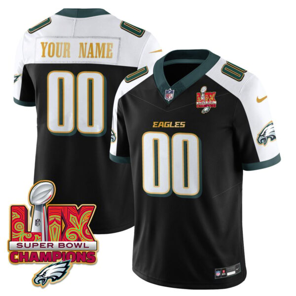Custom Name/Gender Philadelphia Eagles Super Bowl LIX Champions Gold Trim Vapor Limited Jersey – All Stitched – Black Alternate Jersey