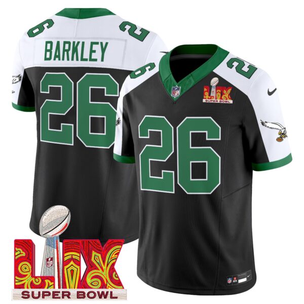 Philadelphia Eagles Kelly Green Super Bowl LIX Patch Vapor Limited Jersey – All Stitched – Black Alternate – Saquon Barkley Jersey