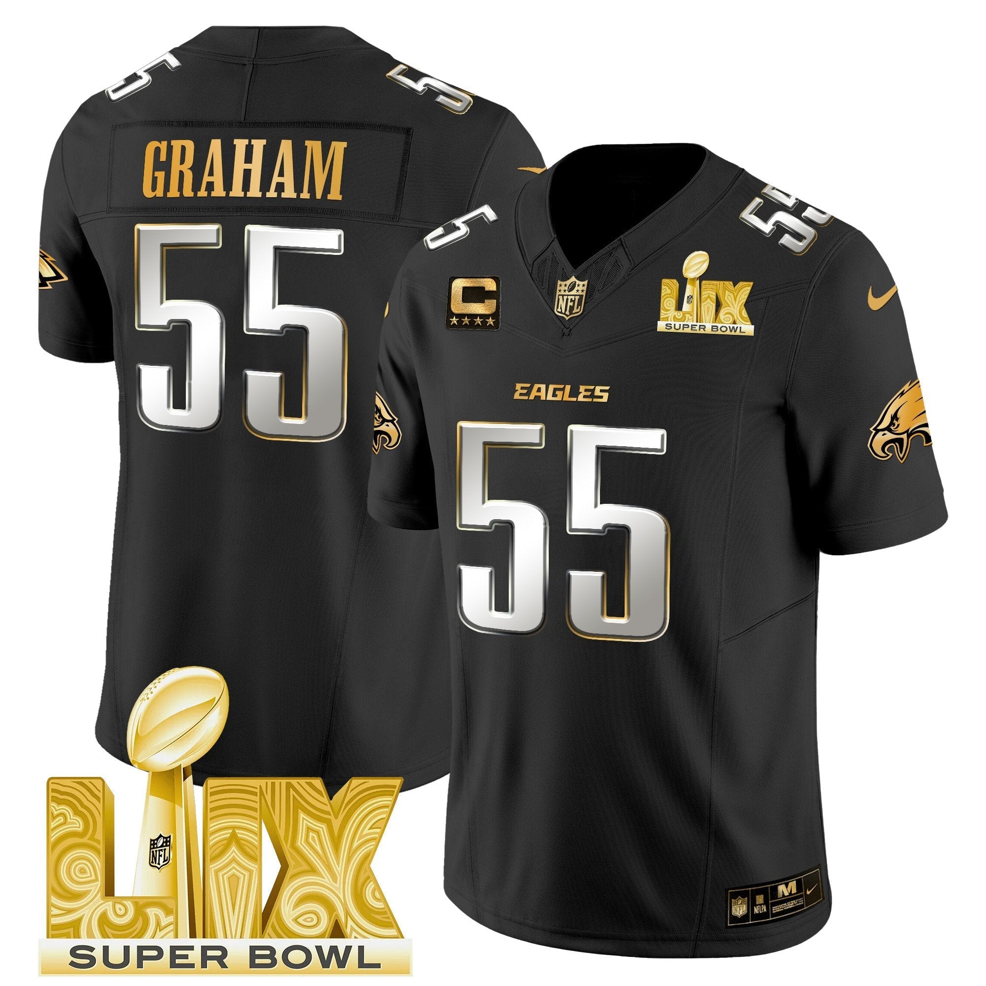 Philadelphia Eagles Super Bowl LIX Patch Gold Vapor Limited Jersey – All Stitched – Black Limited – Brandon Graham Jersey