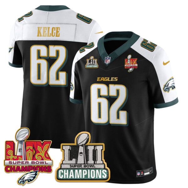 Philadelphia Eagles LII-LIX Super Bowl Champions Vapor Limited Gold Jersey – All Stitched – Black Alternate – Jason Kelce Jersey