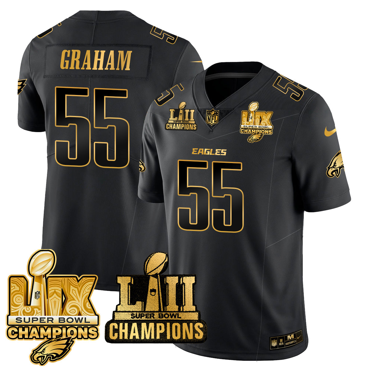 Philadelphia Eagles LII-LIX Super Bowl Champions Gold Jersey – All Stitched – Black Gold – Brandon Graham Jersey
