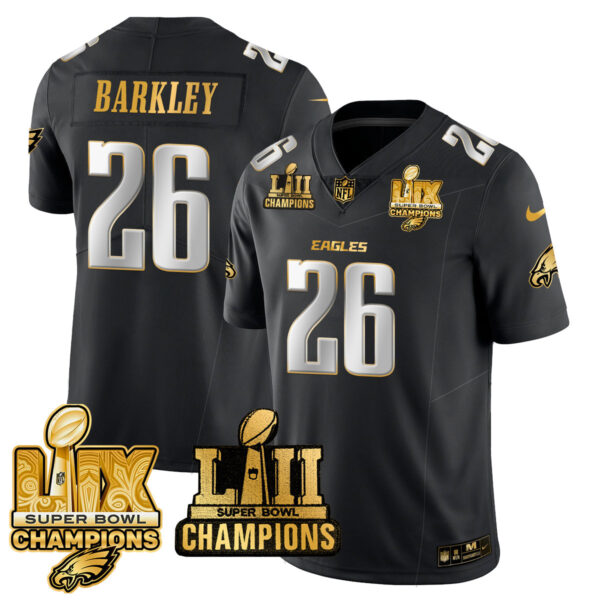 Philadelphia Eagles LII-LIX Super Bowl Champions Gold Jersey – All Stitched – Black Limited – Saquon Barkley Jersey