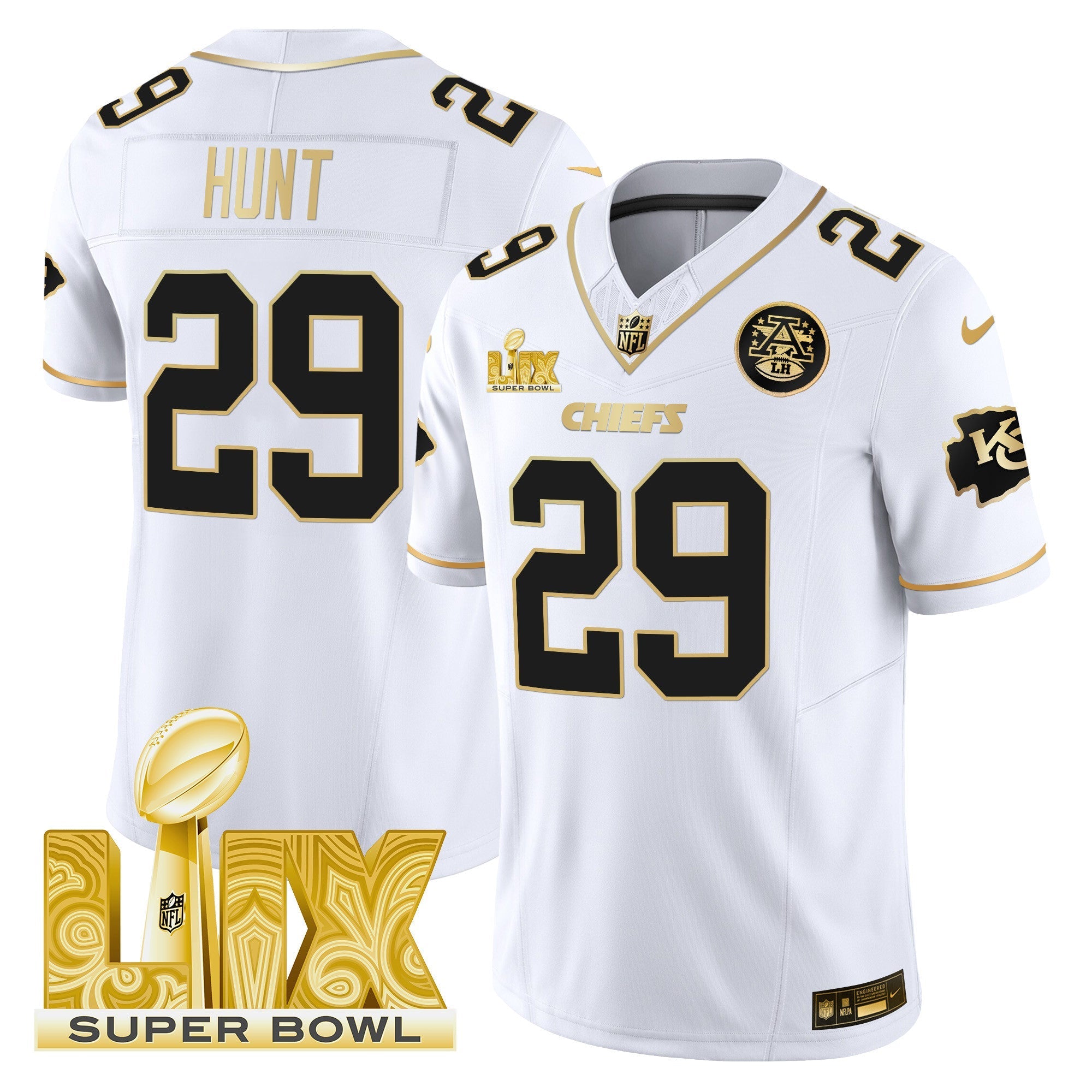 Chiefs Super Bowl LIX Patch Gold Vapor Limited Jersey – All Stitched – White Gold – Kareem Hunt Jersey