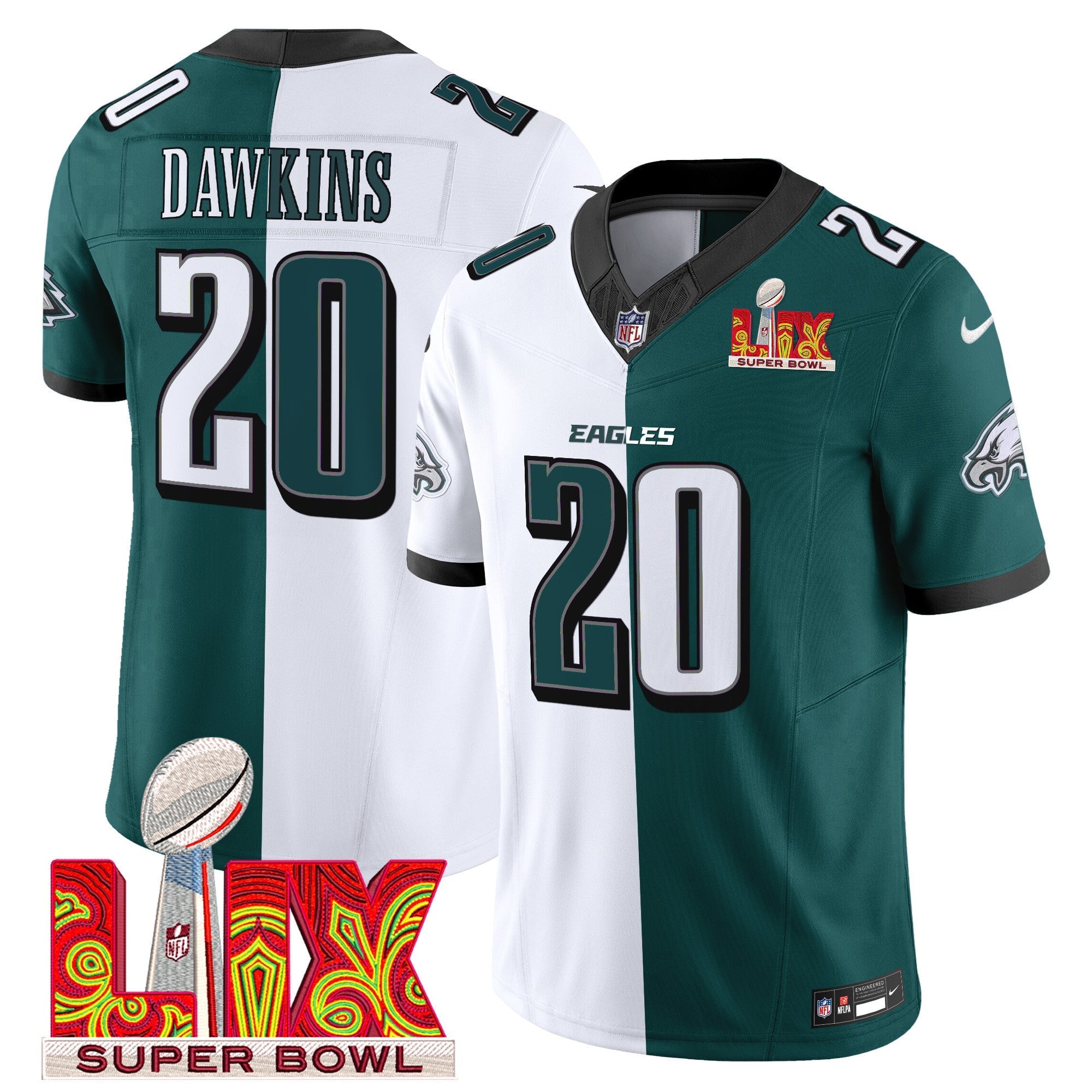 Philadelphia Eagles Super Bowl LIX Patch Vapor Limited Jersey – All Stitched – Split – Brian Dawkins Jersey
