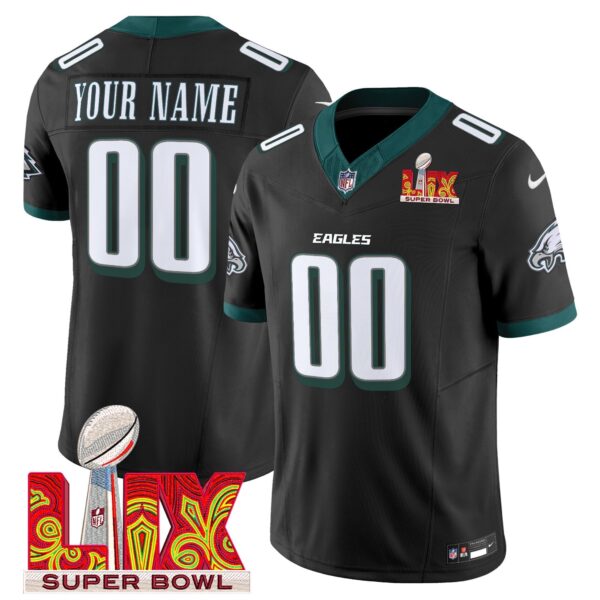 Philadelphia Eagles Super Bowl LIX Patch Vapor Limited Custom Jersey – All Stitched – Black Jersey