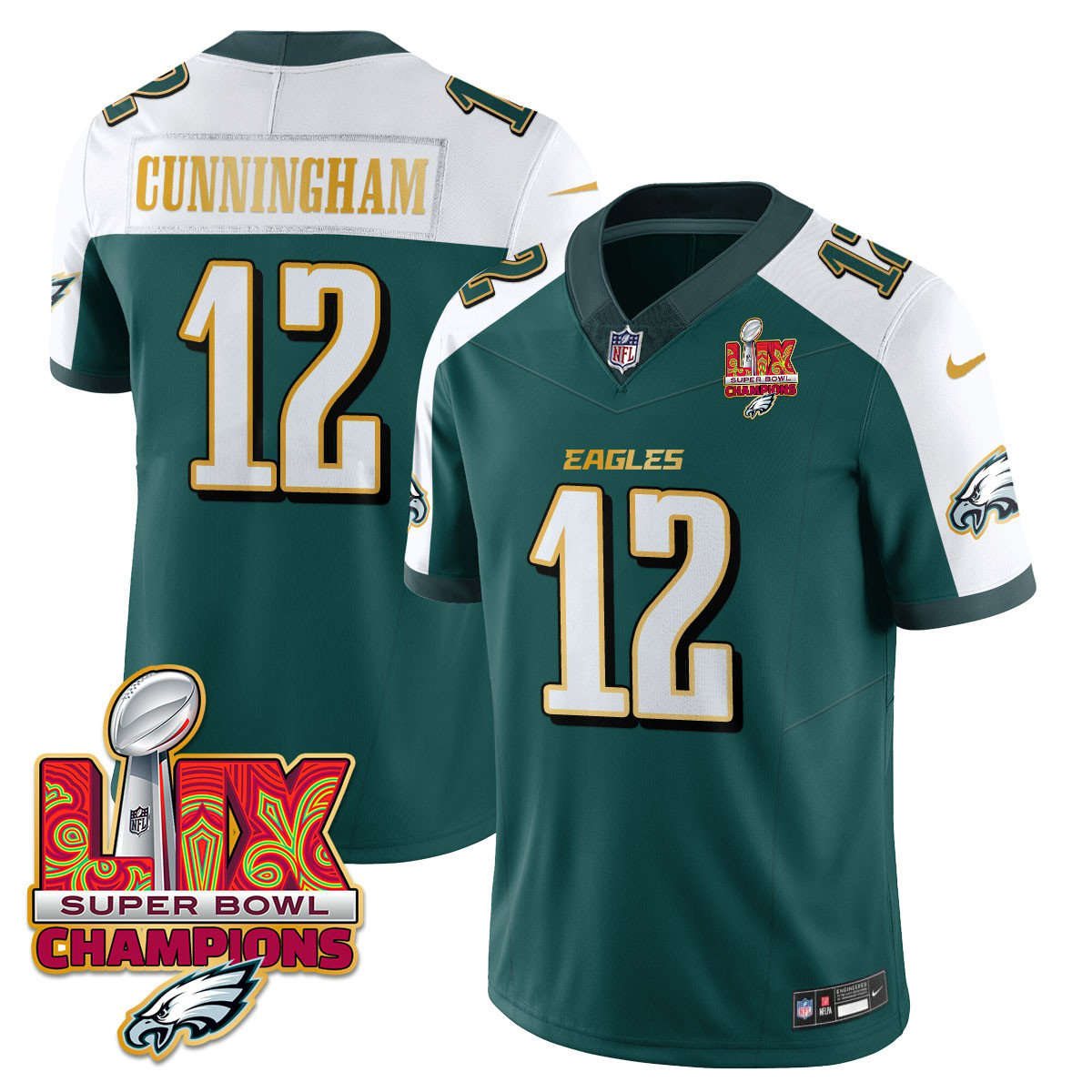 Philadelphia Eagles Super Bowl LIX Champions Gold Trim Vapor Limited Jersey – All Stitched – Randall Cunningham – Green Alternate Jersey