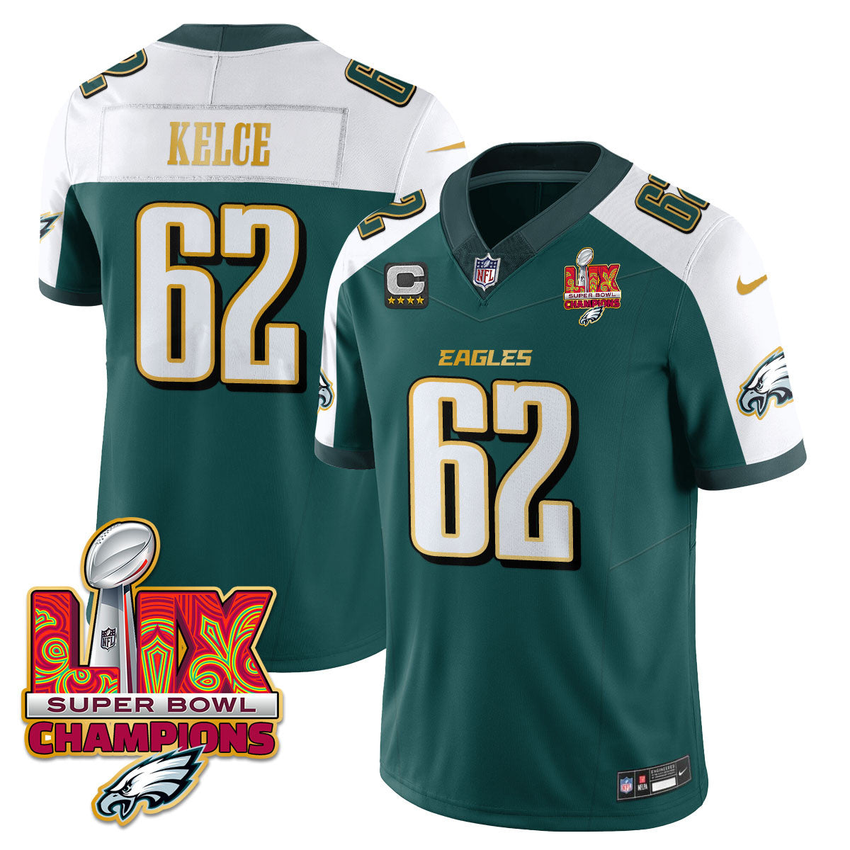 Philadelphia Eagles Super Bowl LIX Champions Gold Trim Vapor Limited Jersey – All Stitched – Jason Kelce – Green Alternate Jersey