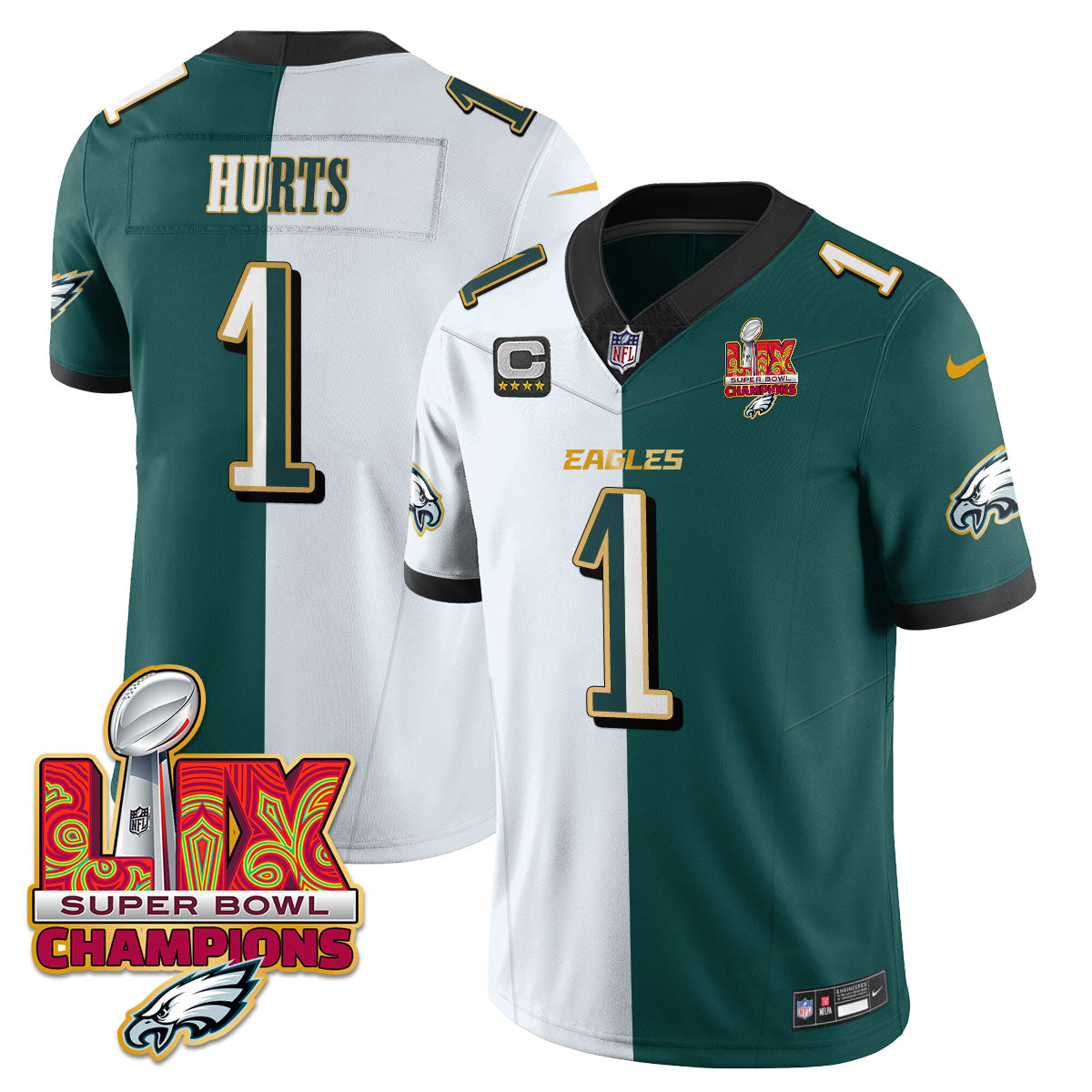 Philadelphia Eagles Super Bowl LIX Champions Gold Trim Vapor Limited Jersey – All Stitched – Jalen Hurts – Split Jersey