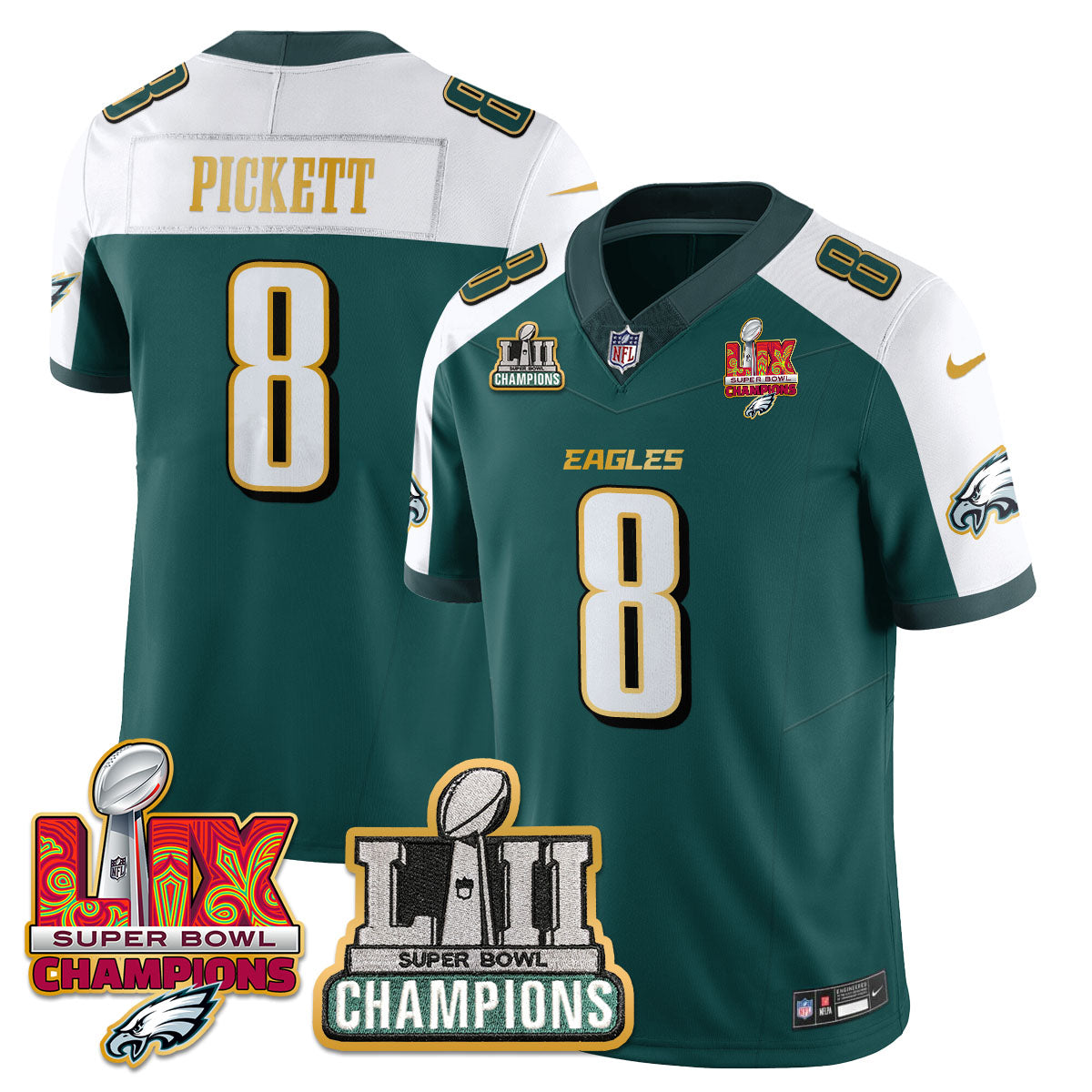 Philadelphia Eagles LII-LIX Super Bowl Champions Vapor Limited Gold Jersey – All Stitched – Green Alternate – Kenny Pickett Jersey