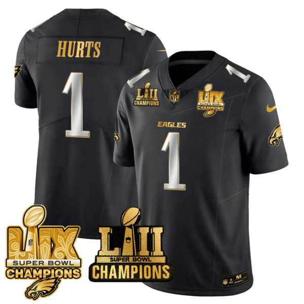 Philadelphia Eagles LII-LIX Super Bowl Champions Gold Jersey – All Stitched – Black Limited – Jalen Hurts Jersey