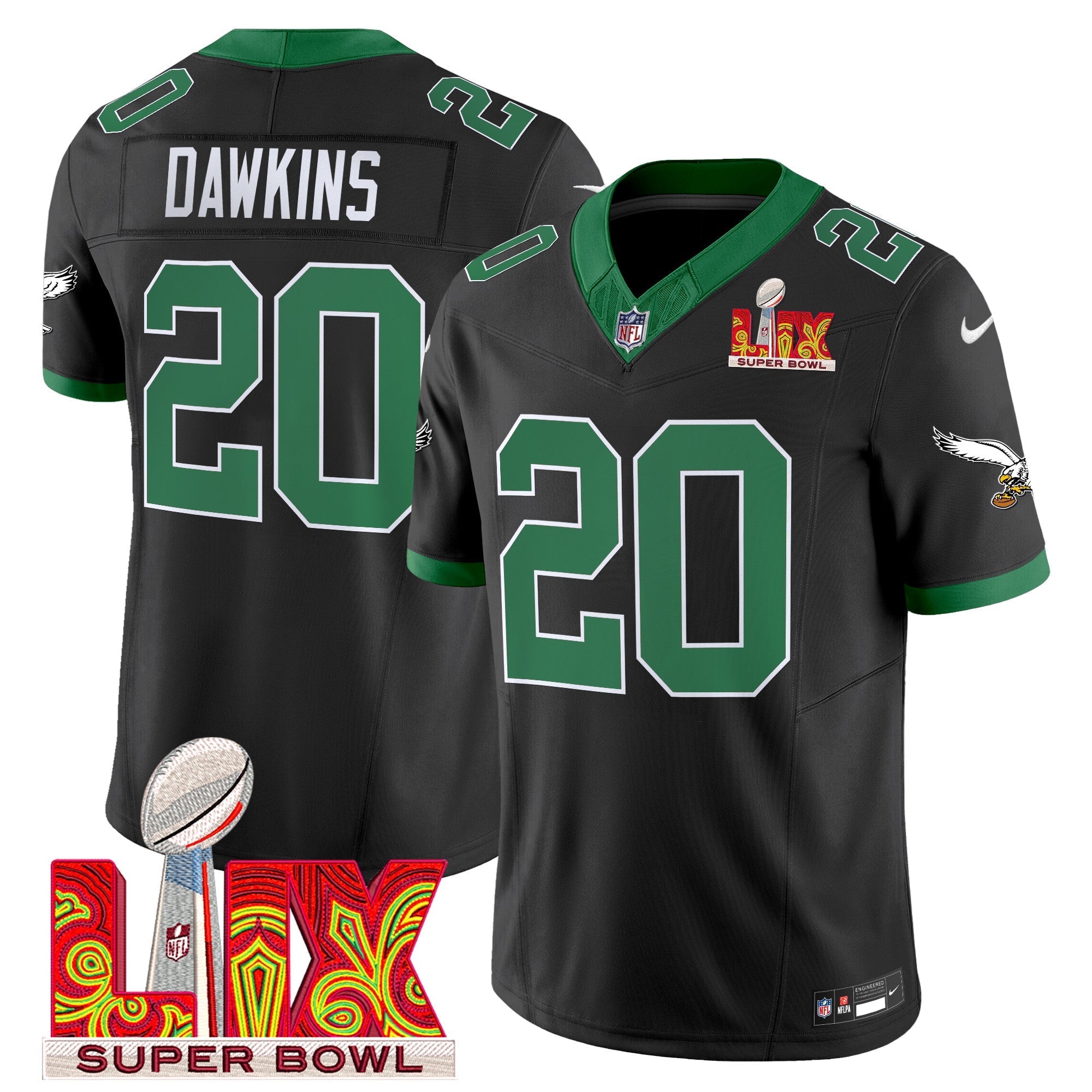 Philadelphia Eagles Kelly Green Super Bowl LIX Patch Vapor Limited Jersey – All Stitched – Black – Brian Dawkins Jersey