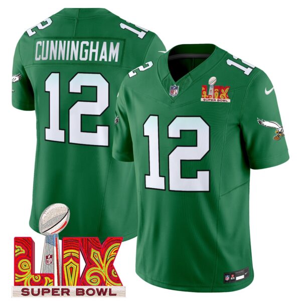 Philadelphia Eagles Kelly Green Super Bowl LIX Patch Vapor Limited Jersey – All Stitched – Kelly Green – Randall Cunningham Jersey