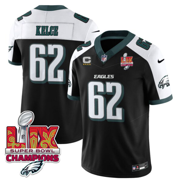 Philadelphia Eagles Super Bowl LIX Champions Gold Vapor Limited Jersey – All Stitched – Jason Kelce – Black Alternate Jersey
