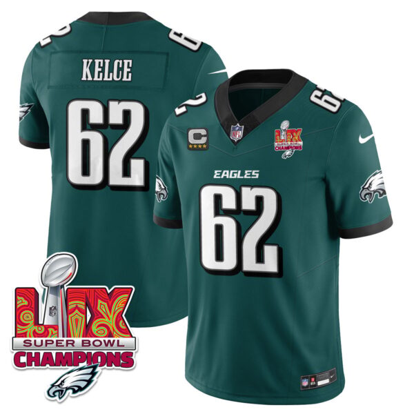 Philadelphia Eagles Super Bowl LIX Champions Gold Vapor Limited Jersey – All Stitched – Jason Kelce – Midnight Green Jersey