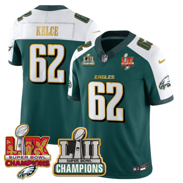 Philadelphia Eagles LII-LIX Super Bowl Champions Vapor Limited Gold Jersey – All Stitched – Green Alternate – Jason Kelce Jersey
