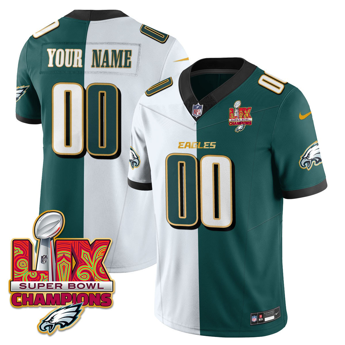 Custom Name/Gender Philadelphia Eagles Super Bowl LIX Champions Gold Trim Vapor Limited Jersey – All Stitched – Split Jersey