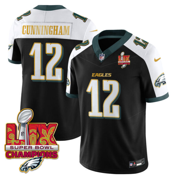 Philadelphia Eagles Super Bowl LIX Champions Gold Trim Vapor Limited Jersey – All Stitched – Randall Cunningham – Black Alternate Jersey