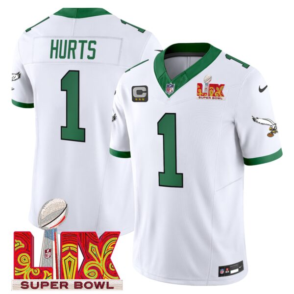 Philadelphia Eagles Kelly Green Super Bowl LIX Patch Vapor Limited Jersey – All Stitched – Kelly White – Jalen Hurts Jersey