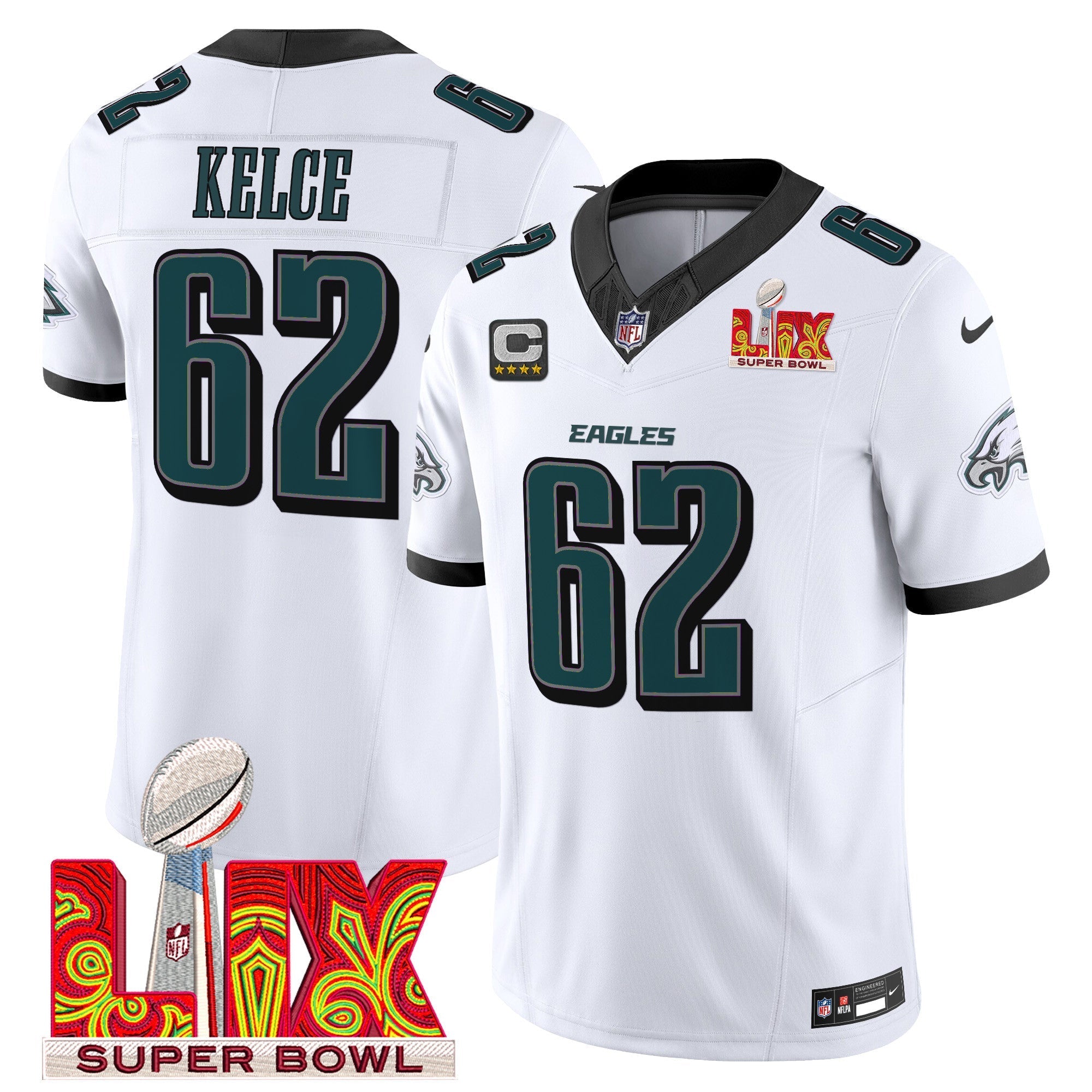 Philadelphia Eagles Super Bowl LIX Patch Vapor Limited Jersey – All Stitched – White – Jason Kelce Jersey