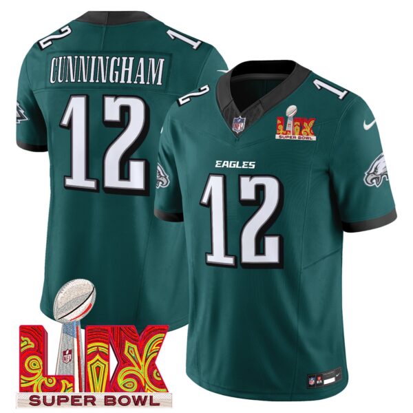 Philadelphia Eagles Super Bowl LIX Patch Vapor Limited Jersey – All Stitched – Midnight Green – Randall Cunningham Jersey