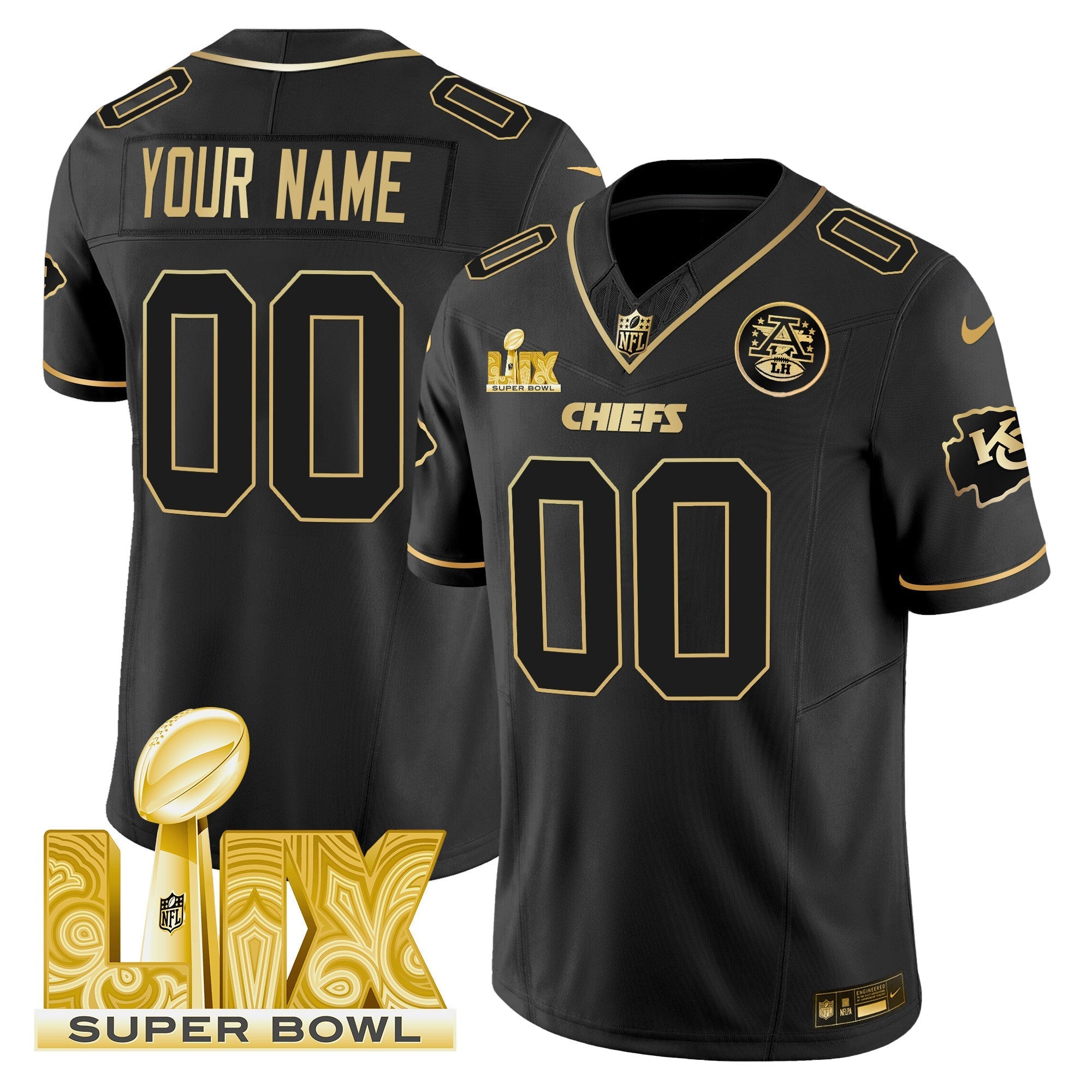 Chiefs Super Bowl LIX Patch Gold Vapor Limited Custom Jersey – All Stitched – Black Gold Jersey