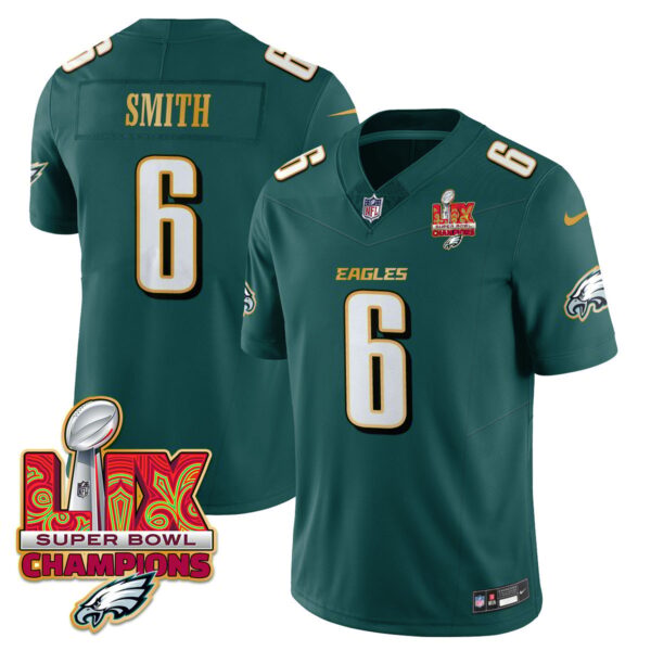 Philadelphia Eagles Super Bowl LIX Champions Gold Trim Vapor Limited Jersey – All Stitched – DeVonta Smith – Midnight Green Jersey