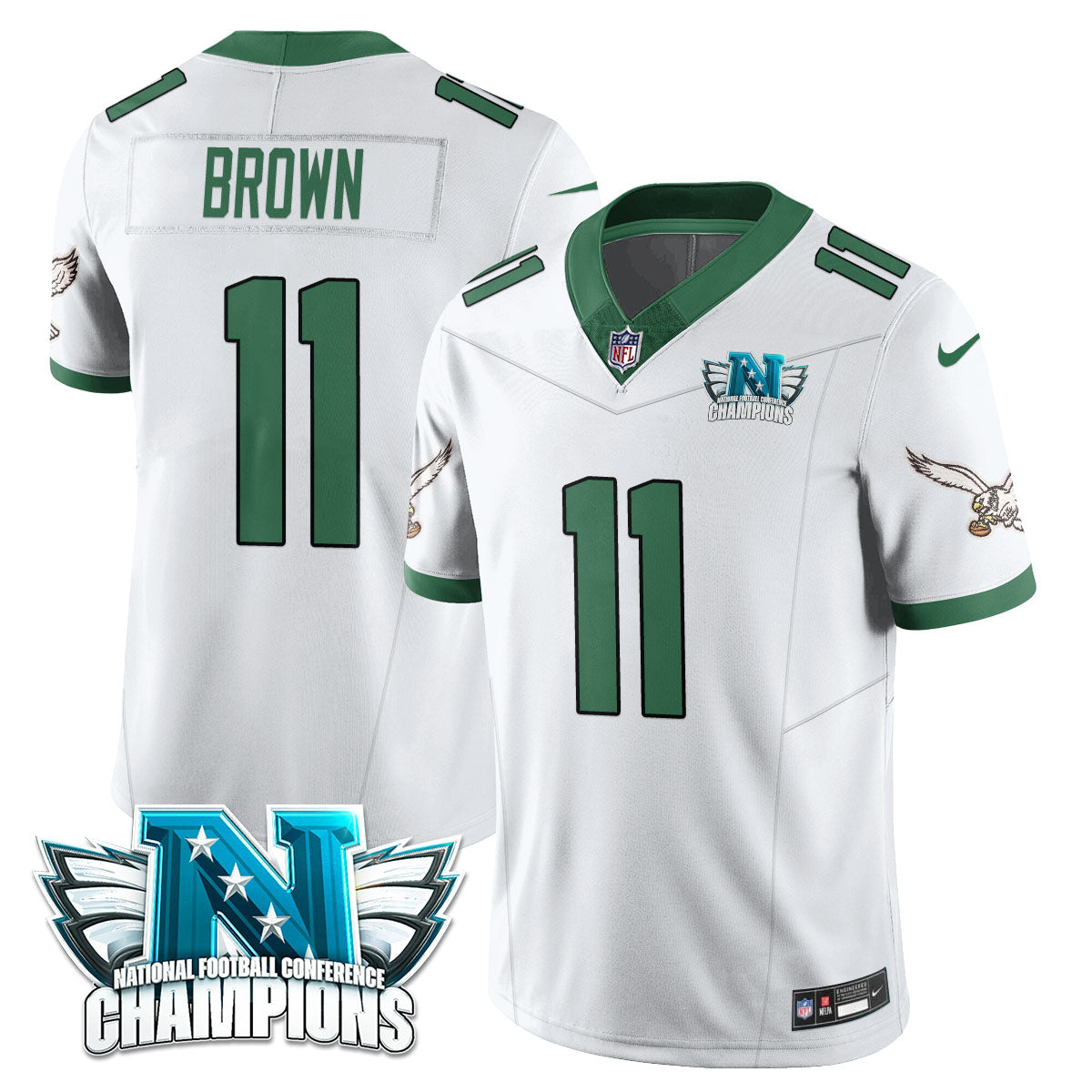 Philadelphia Eagles 2024 NFC Champion Player Jersey – All Stitched – Kelly White – A. J. Brown Jersey