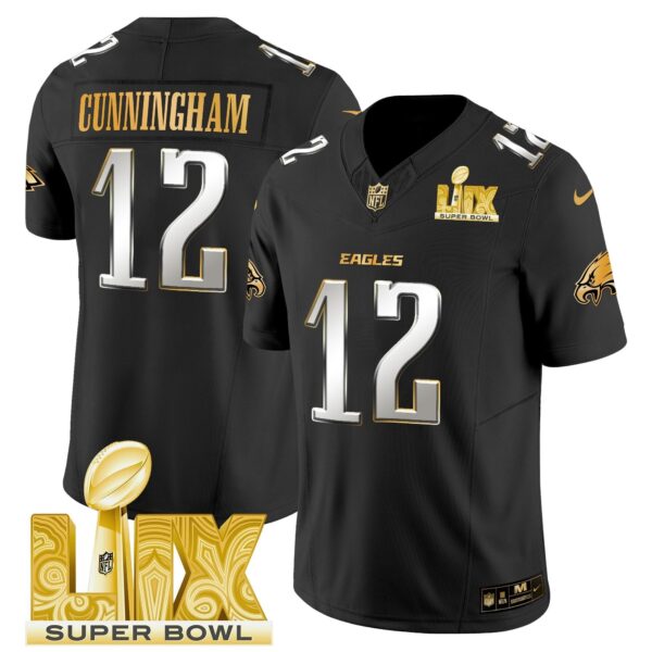 Philadelphia Eagles Super Bowl LIX Patch Gold Vapor Limited Jersey – All Stitched – Black Limited – Randall Cunningham Jersey