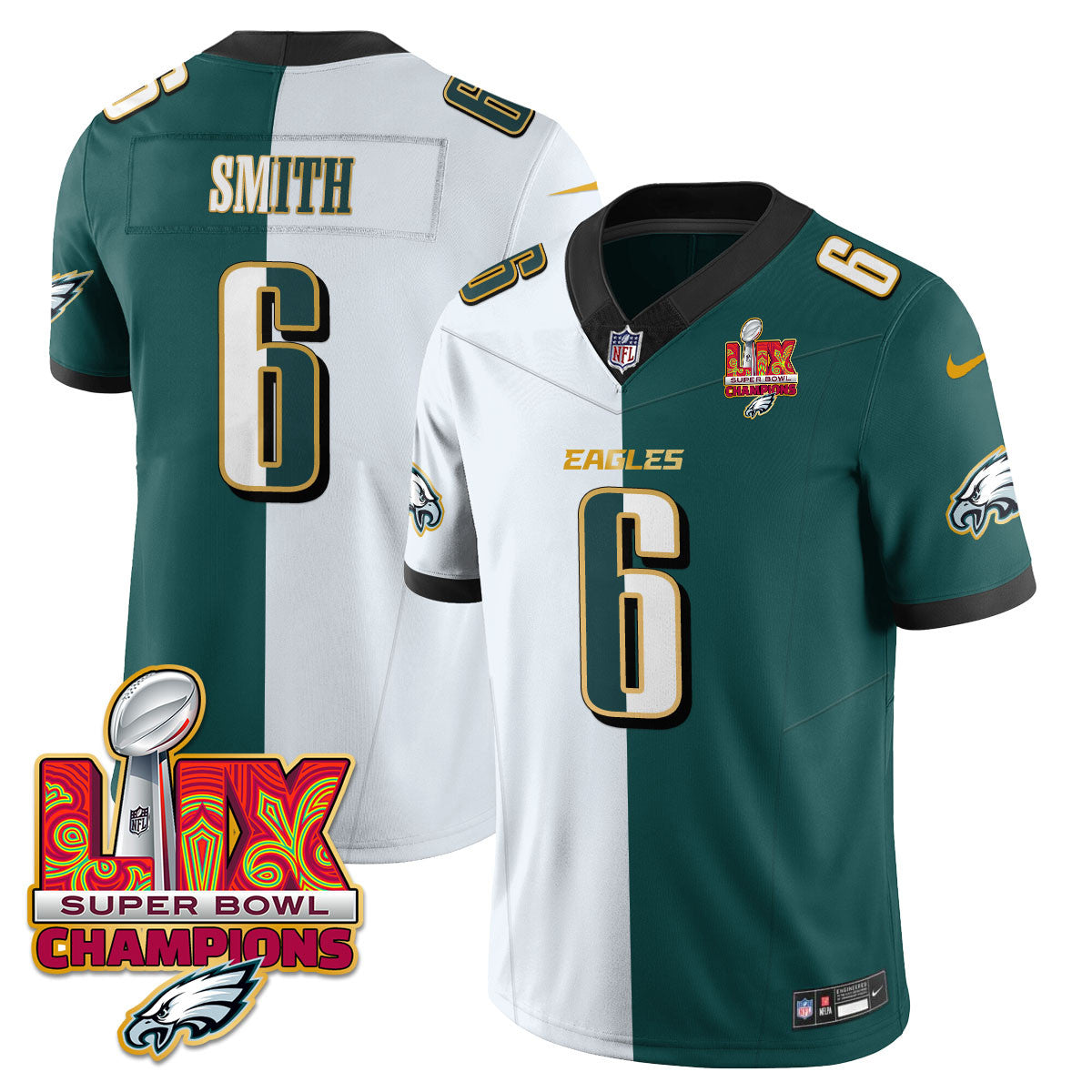 Philadelphia Eagles Super Bowl LIX Champions Gold Trim Vapor Limited Jersey – All Stitched – DeVonta Smith – Split Jersey