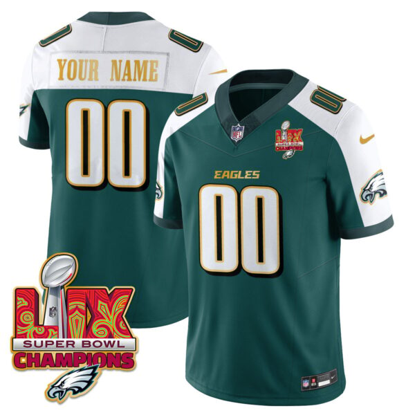 Custom Name/Gender Philadelphia Eagles Super Bowl LIX Champions Gold Trim Vapor Limited Jersey – All Stitched – Green Alternate Jersey