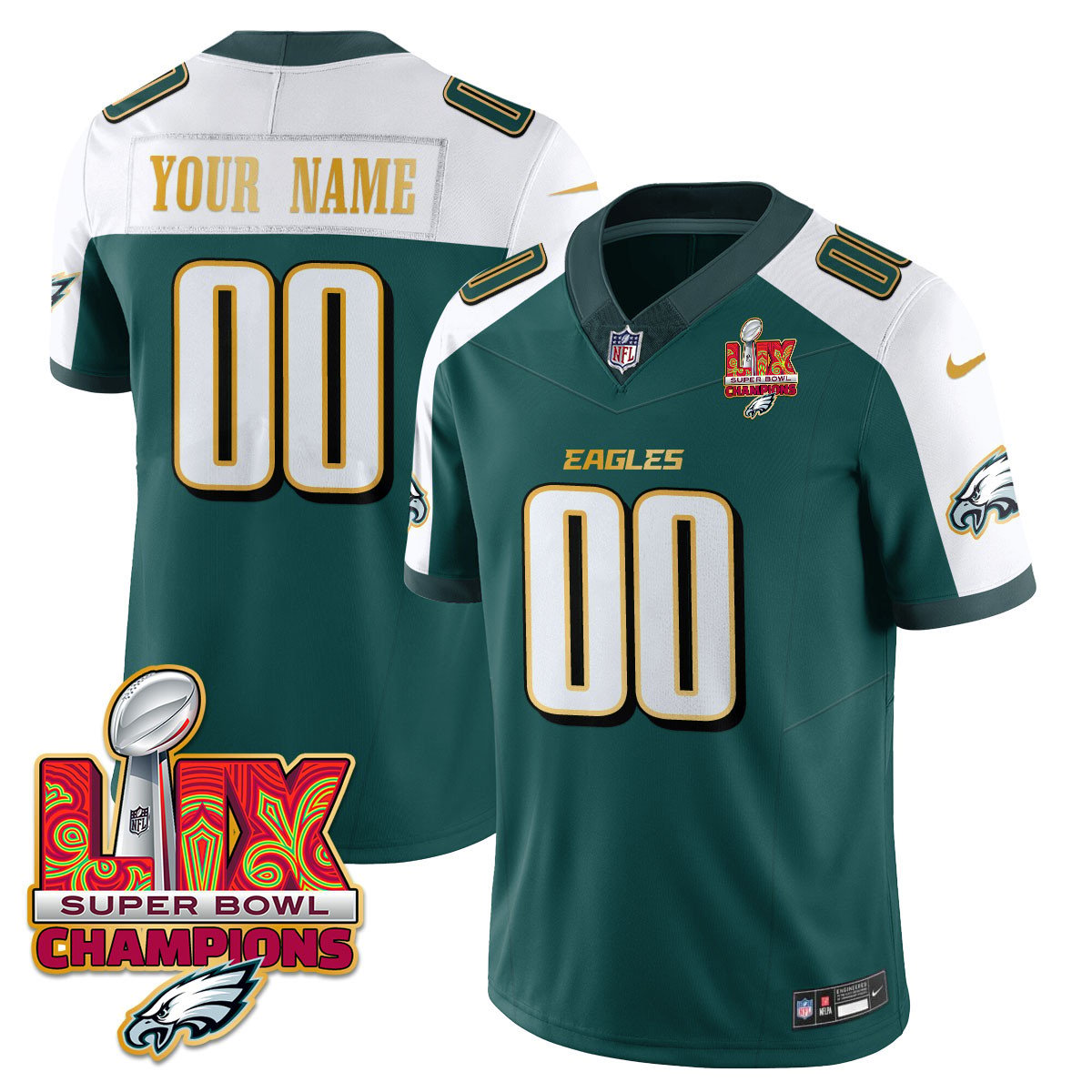Custom Name/Gender Philadelphia Eagles Super Bowl LIX Champions Gold Trim Vapor Limited Jersey – All Stitched – Green Alternate Jersey