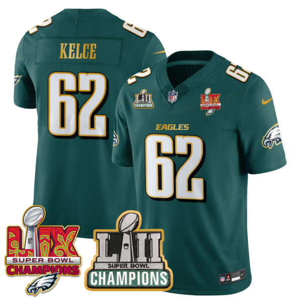 Philadelphia Eagles LII-LIX Super Bowl Champions Vapor Limited Gold Jersey – All Stitched – Midnight Green – Jason Kelce Jersey