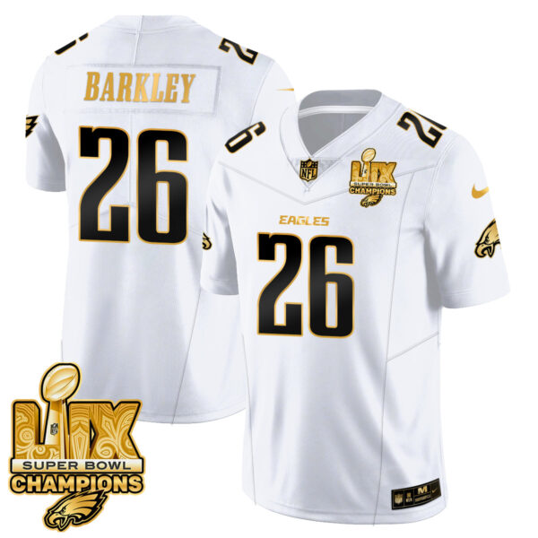 Philadelphia Eagles Super Bowl LIX Champions Gold Trim Vapor Limited Jersey – All Stitched – Saquon Barkley – White Gold Jersey