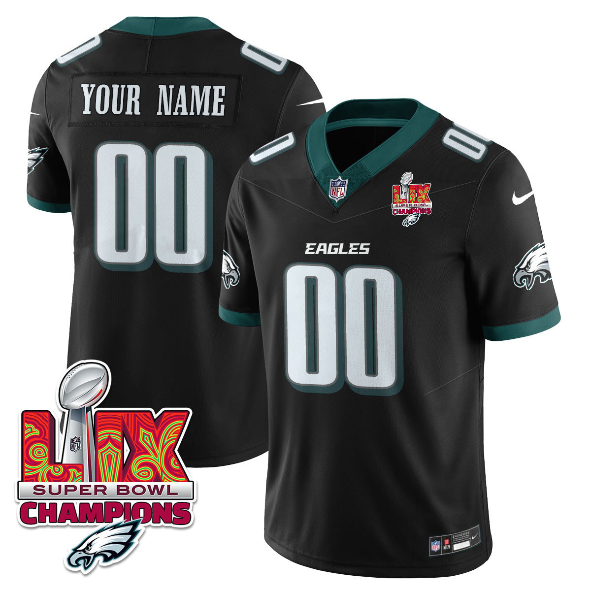 Custom Name/Gender Philadelphia Eagles Super Bowl LIX Champions Vapor Limited Jersey – All Stitched – Black Jersey