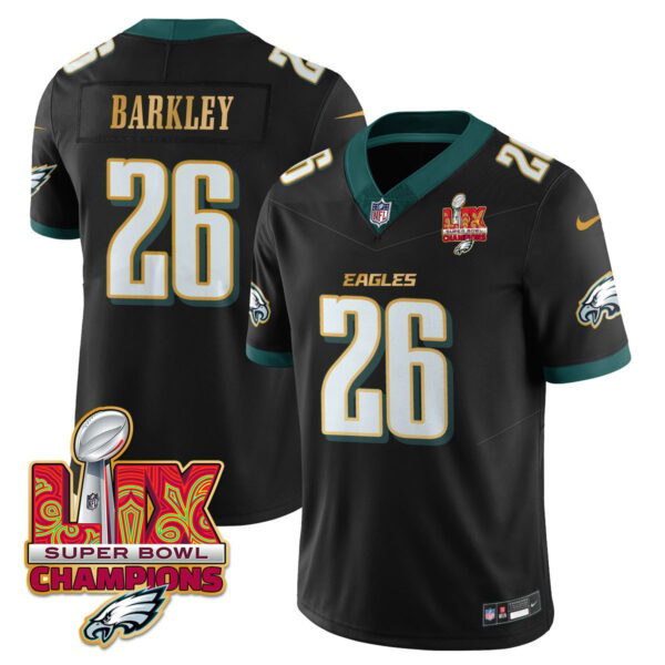 Philadelphia Eagles Super Bowl LIX Champions Gold Trim Vapor Limited Jersey – All Stitched – Saquon Barkley – Black Jersey