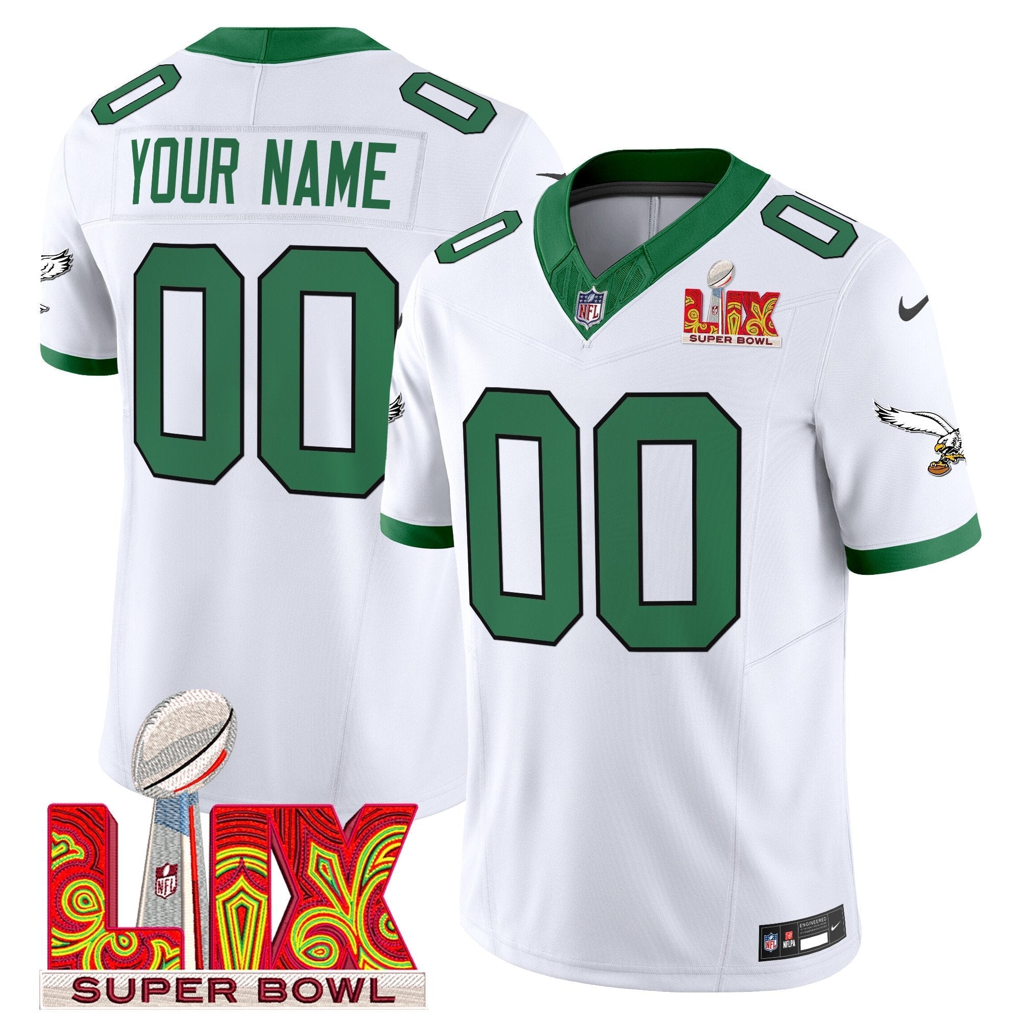 Philadelphia Eagles Kelly Green Super Bowl LIX Patch Vapor Limited Custom Jersey – All Stitched – Kelly White Jersey