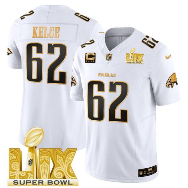 Philadelphia Eagles Super Bowl LIX Patch Gold Vapor Limited Jersey – All Stitched – White Gold – Jason Kelce Jersey
