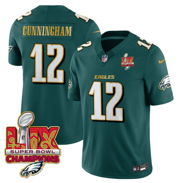 Philadelphia Eagles Super Bowl LIX Champions Gold Trim Vapor Limited Jersey – All Stitched – Randall Cunningham – Midnight Green Jersey
