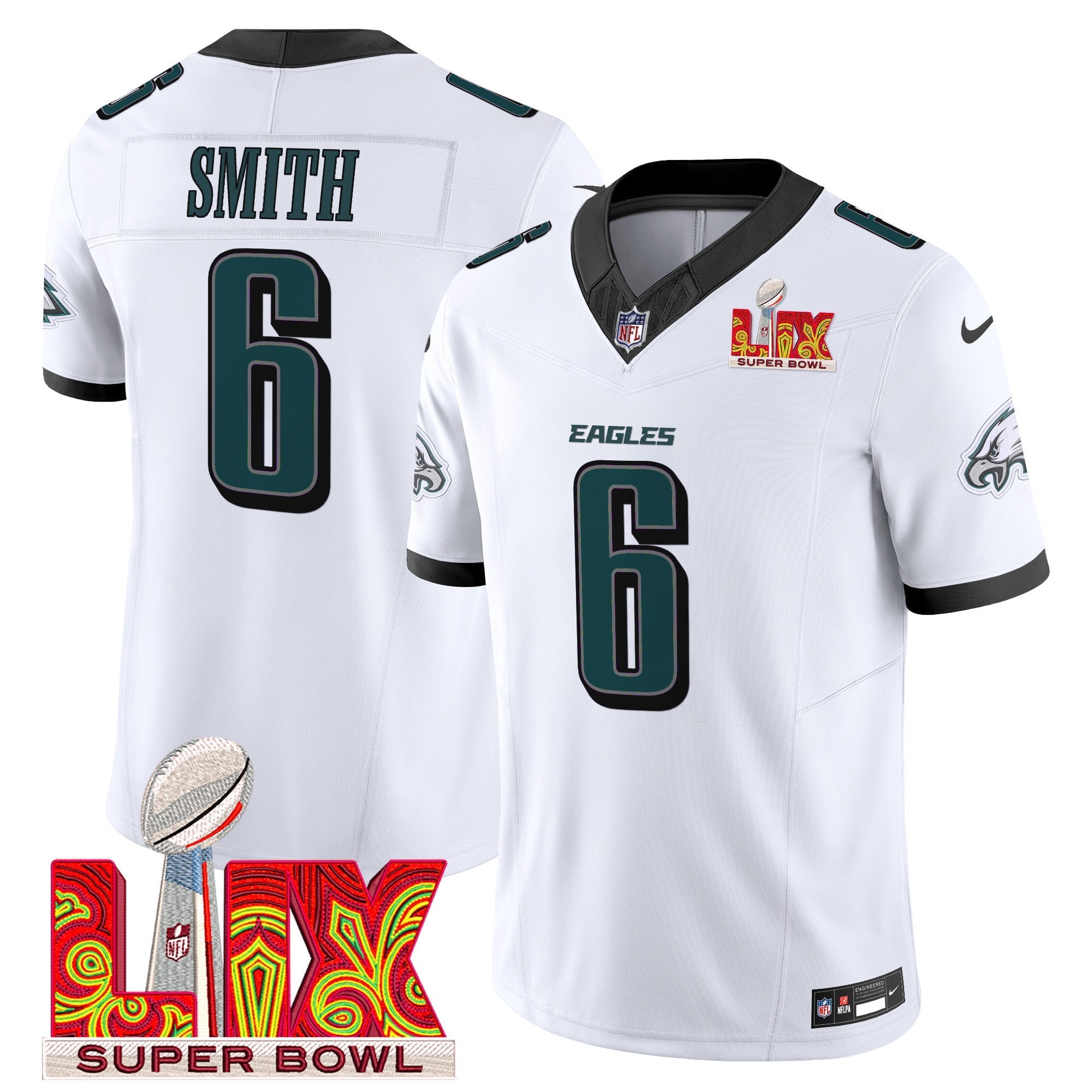Philadelphia Eagles Super Bowl LIX Patch Vapor Limited Jersey – All Stitched – White – DeVonta Smith Jersey