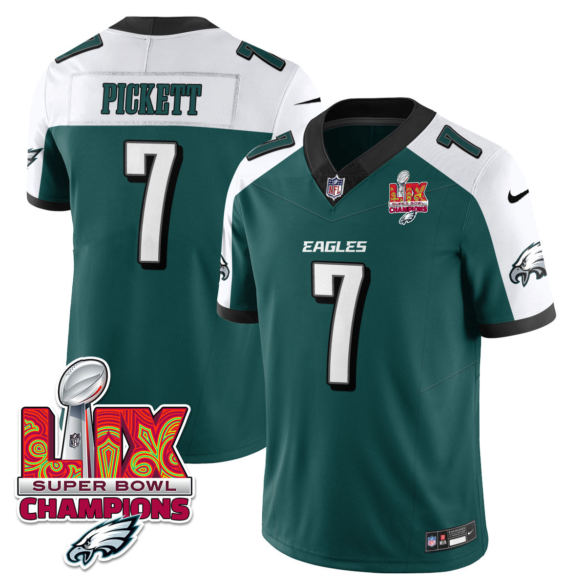 Philadelphia Eagles Super Bowl LIX Champions Gold Trim Vapor Limited Jersey – All Stitched – Kenny Pickett – Green Alternate Jersey
